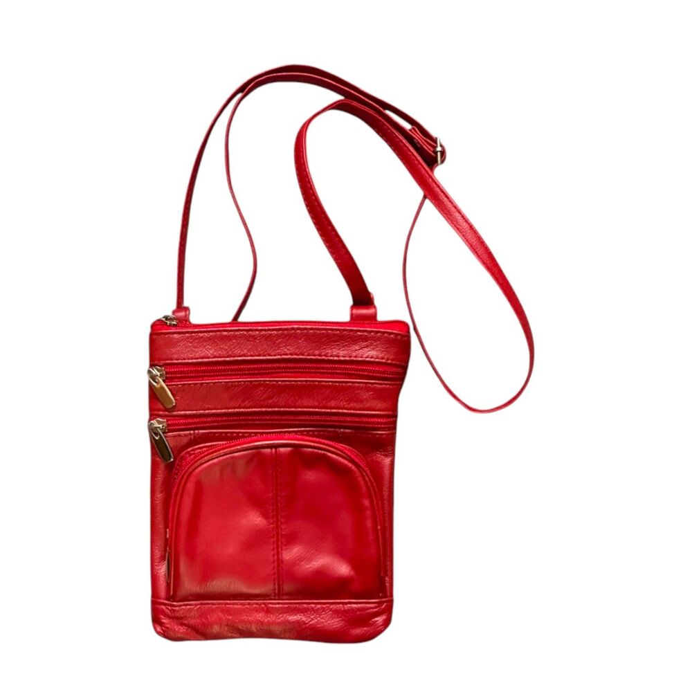 Red Leather Organizer Crossbody Bag Genuine Leather MultiPocket Adjustable Strap